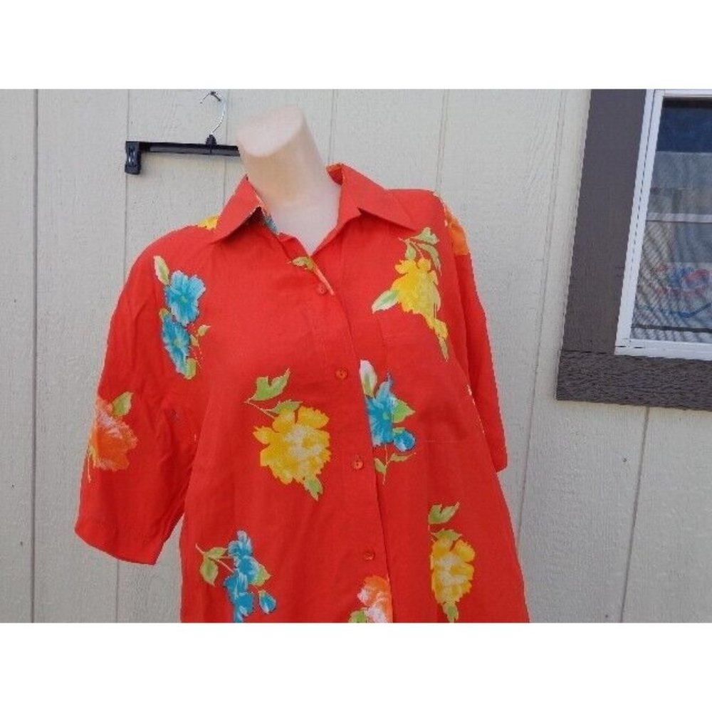 NOS Vtg Orange Floral SILKY Lily of California PL 100% Rayon USA Blouse PL